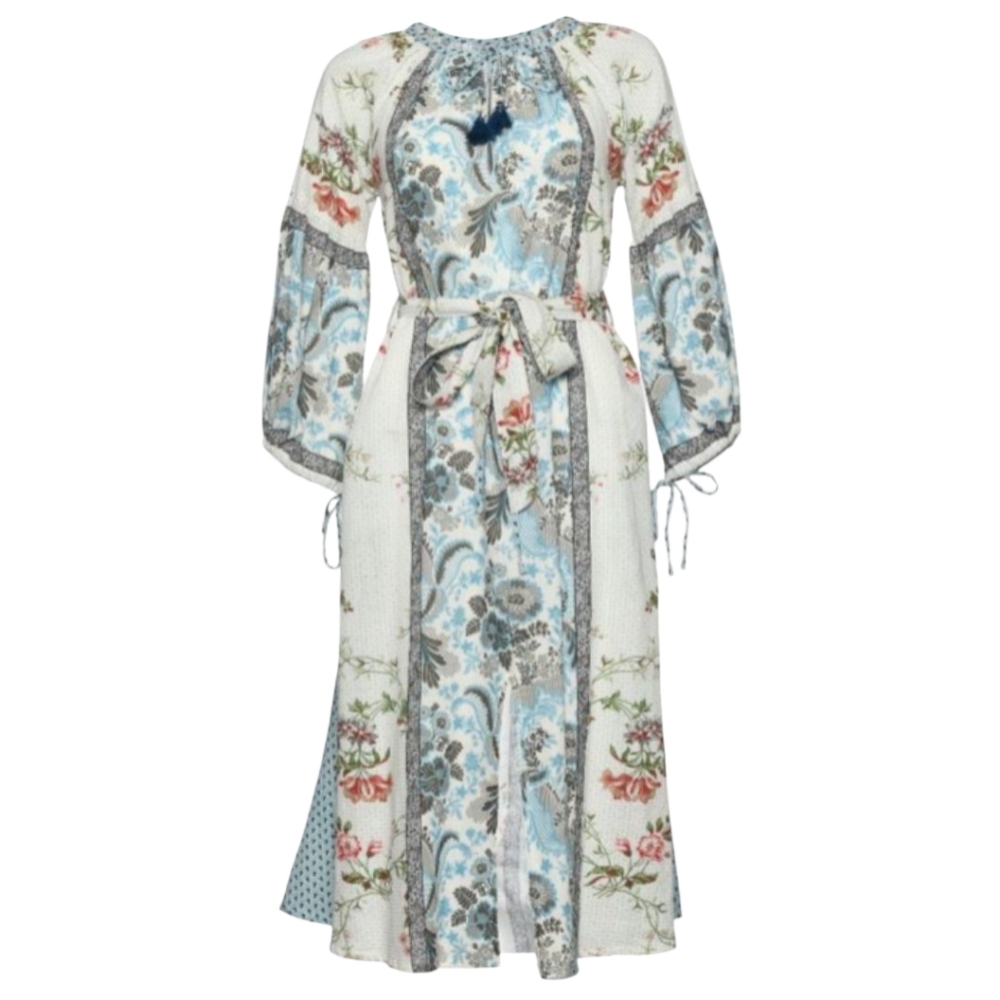 D'Ascoli Bel Canto Indian Cotton Mixed Print Floral Boho Peasant Midi Dress Sz S